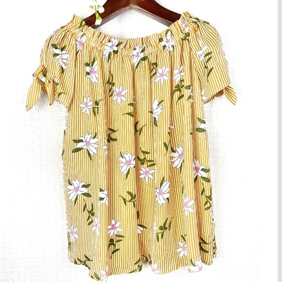 umgee •oversized honey yellow/white stripe floral off shoulder top medium - Picture 1 of 8